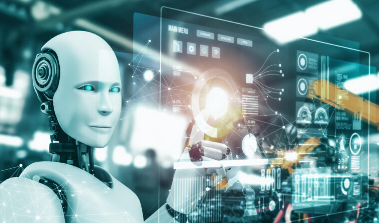 An AI robot interacting with a touchscreen