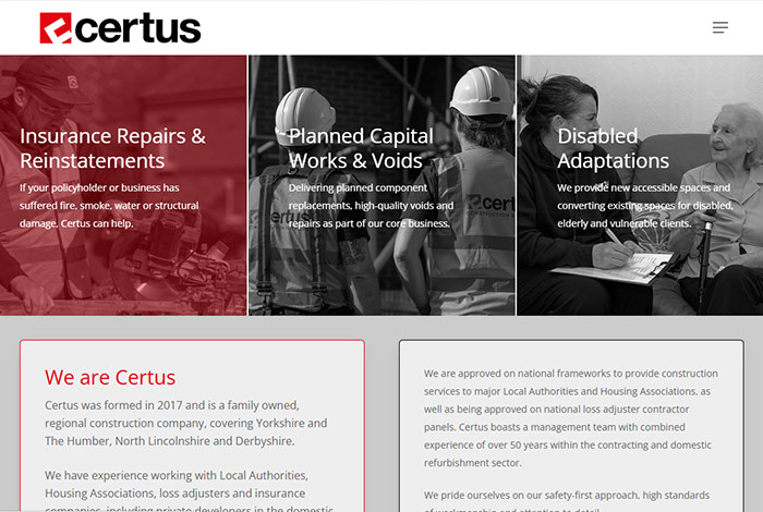 Screenshot of new web design page for a construction company